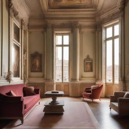 A beautifully decorated room in Rome, featuring classic Roman architecture with ornate columns, intricate frescoes on the walls, and luxurious furniture