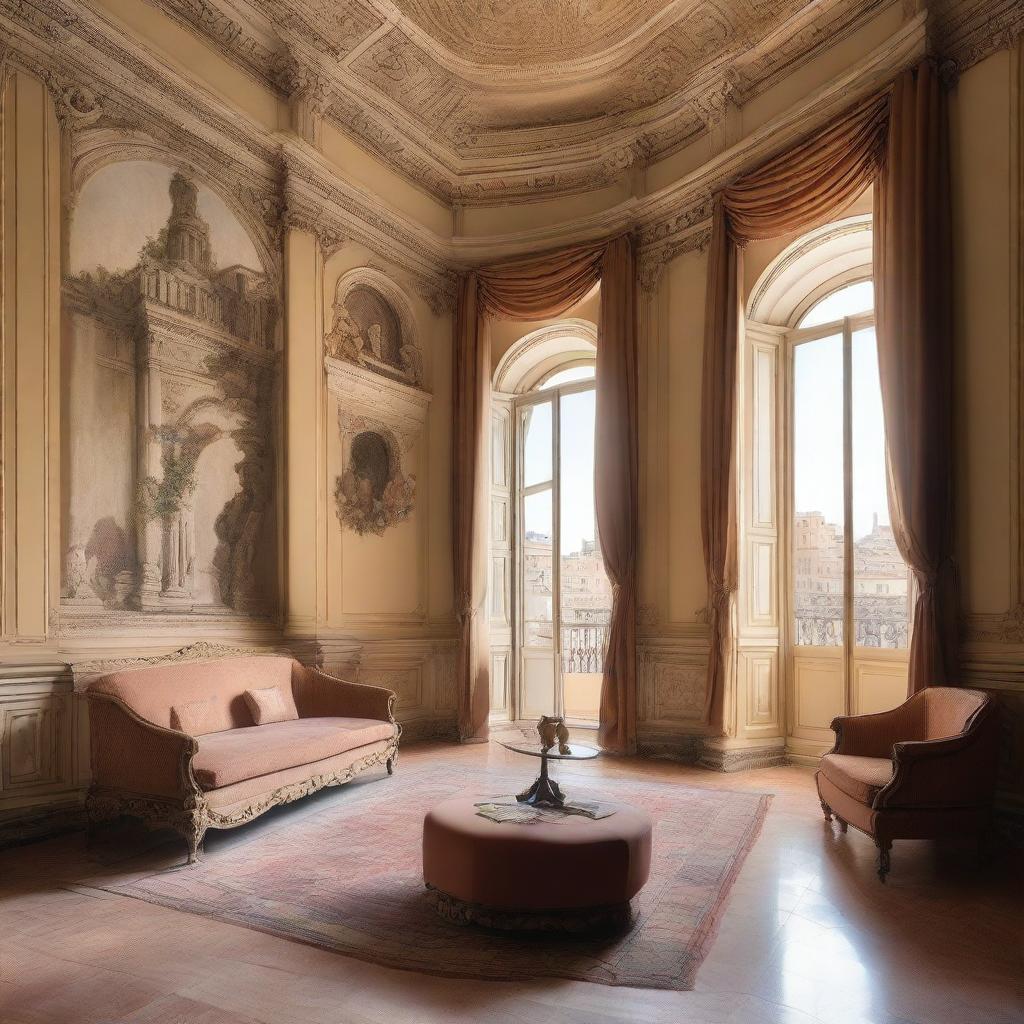 A beautifully decorated room in Rome, featuring classic Roman architecture with ornate columns, intricate frescoes on the walls, and luxurious furniture