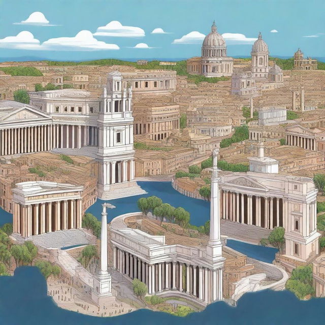 A beautiful and detailed illustration of Rome, featuring iconic landmarks such as the Colosseum, the Roman Forum, and St