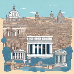 A beautiful and detailed illustration of Rome, featuring iconic landmarks such as the Colosseum, the Roman Forum, and St