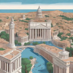 A beautiful and detailed illustration of Rome, featuring iconic landmarks such as the Colosseum, the Roman Forum, and St