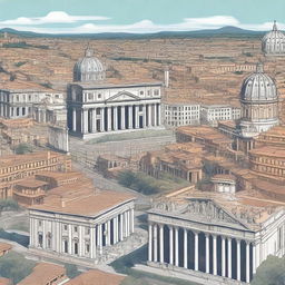 A beautiful and detailed illustration of Rome, featuring iconic landmarks such as the Colosseum, the Roman Forum, and St