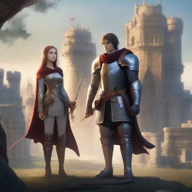 A teenager knight wearing armor and holding a glowing sword, standing next to his girlfriend who has a bow and arrow