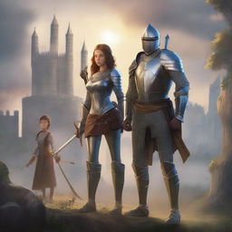 A teenager knight wearing armor and holding a glowing sword, standing next to his girlfriend who has a bow and arrow