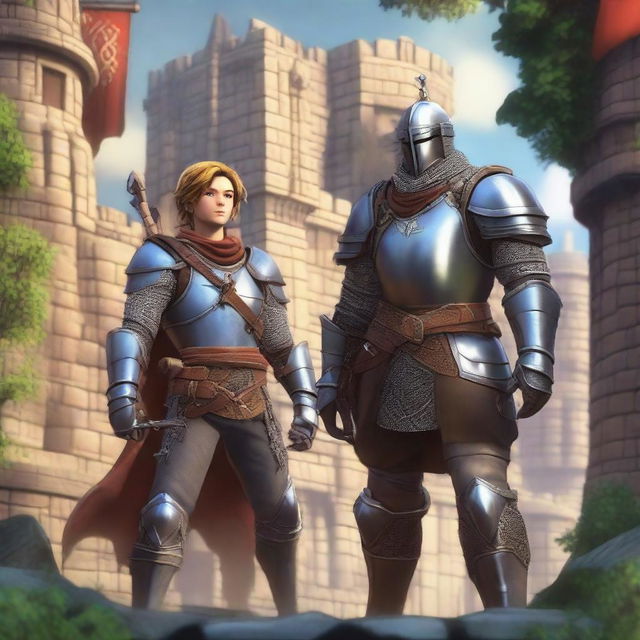 A teenager knight wearing detailed metal armor stands confidently with an archer on his left side and King Markus on his right side