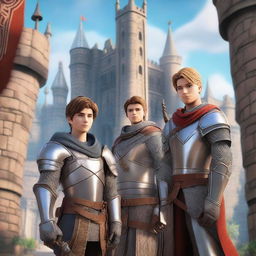 A teenager knight wearing detailed metal armor stands confidently with an archer on his left side and King Markus on his right side