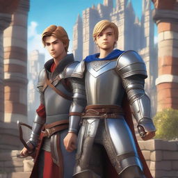 A teenager knight wearing detailed metal armor stands confidently with an archer on his left side and King Markus on his right side