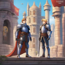 A teenager knight wearing detailed metal armor stands confidently with an archer on his left side and King Markus on his right side