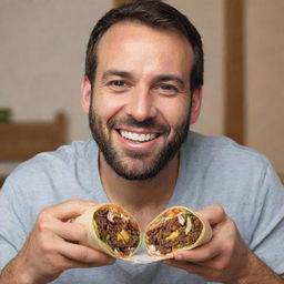 A delighted man indulging in a flavorful shawarma wrap.