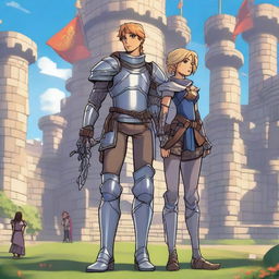 A teenager knight wearing metal armor stands confidently with a girl archer on his left side and King Markus on his right side