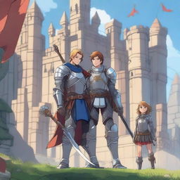 A teenager knight wearing metal armor stands confidently with a girl archer on his left side and King Markus on his right side