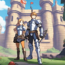 A teenager knight wearing metal armor stands confidently with a girl archer on his left side and King Markus on his right side