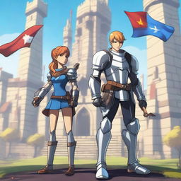 A teenager knight wearing metal armor stands confidently with a girl archer on his left side and King Markus on his right side