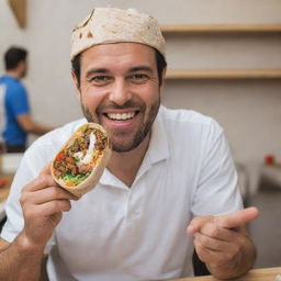 A delighted man indulging in a flavorful shawarma wrap.