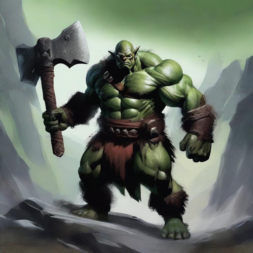 A fierce orc barbarian standing in a rugged, mountainous landscape