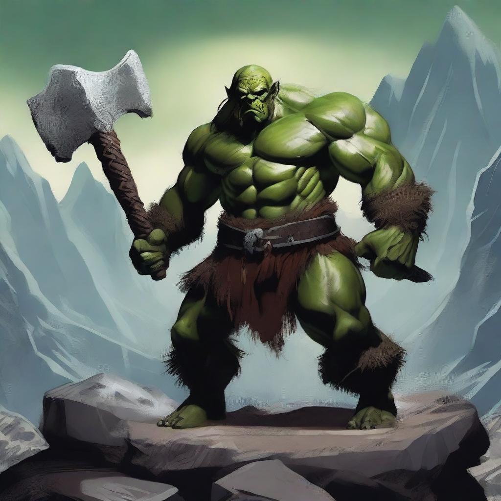 A fierce orc barbarian standing in a rugged, mountainous landscape