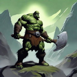 A fierce orc barbarian standing in a rugged, mountainous landscape