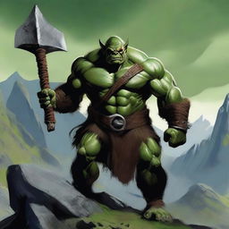 A fierce orc barbarian standing in a rugged, mountainous landscape