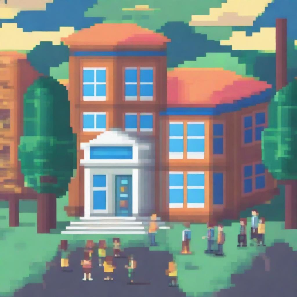 A vibrant and detailed pixel art scene of a school