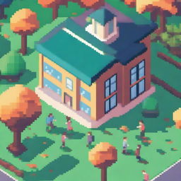 A vibrant and detailed pixel art scene of a school