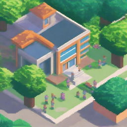 A vibrant and detailed pixel art scene of a school