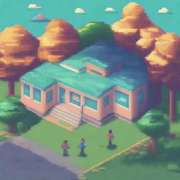 A vibrant and detailed pixel art scene of a school