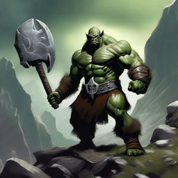 A fierce orc barbarian standing in a rugged, mountainous landscape