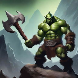 A fierce orc barbarian standing in a rugged, mountainous landscape