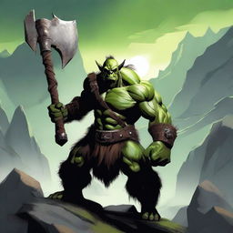 A fierce orc barbarian standing in a rugged, mountainous landscape