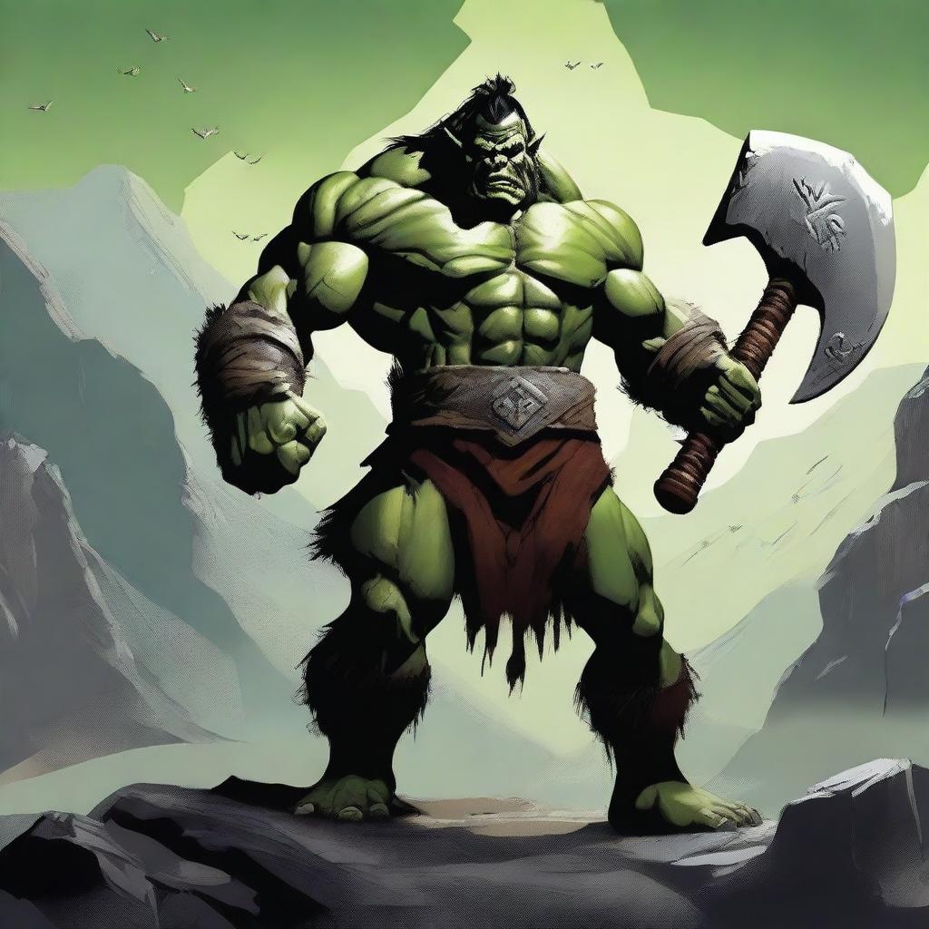 A fierce orc barbarian standing in a rugged, mountainous landscape