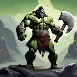 A fierce orc barbarian standing in a rugged, mountainous landscape