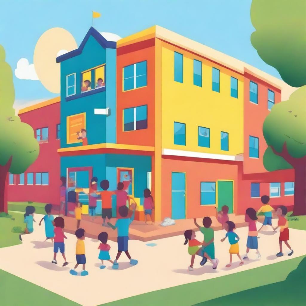 A vibrant and cheerful school setting with children playing in the playground, teachers interacting with students, and a colorful school building in the background