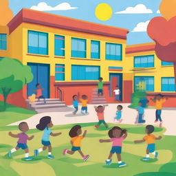 A vibrant and cheerful school setting with children playing in the playground, teachers interacting with students, and a colorful school building in the background