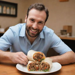 A delighted man indulging in a flavorful shawarma wrap.