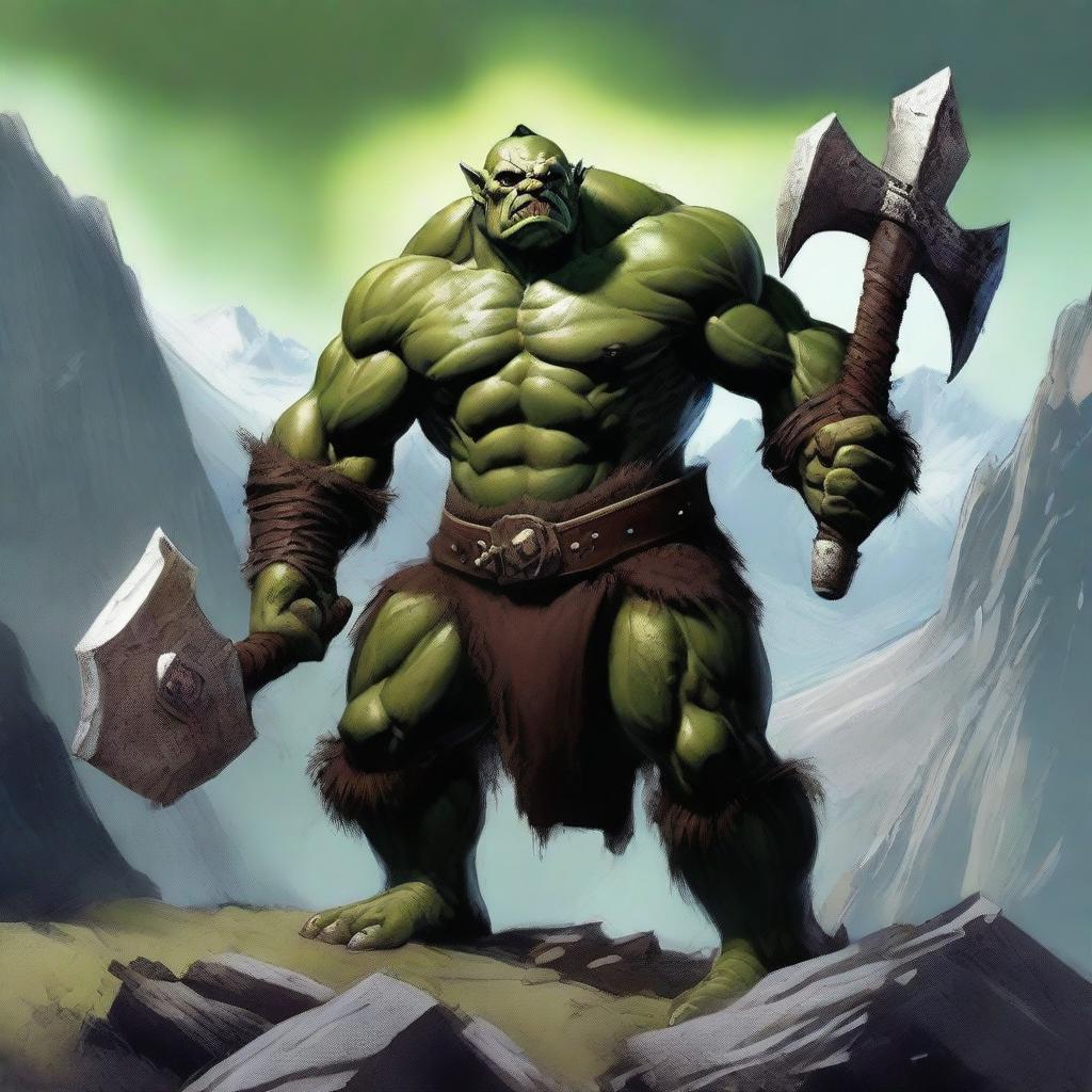 A fierce orc barbarian standing in a rugged, mountainous landscape