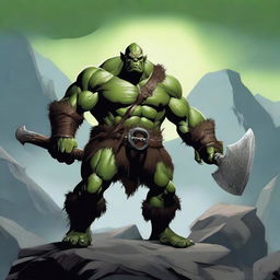 A fierce orc barbarian standing in a rugged, mountainous landscape