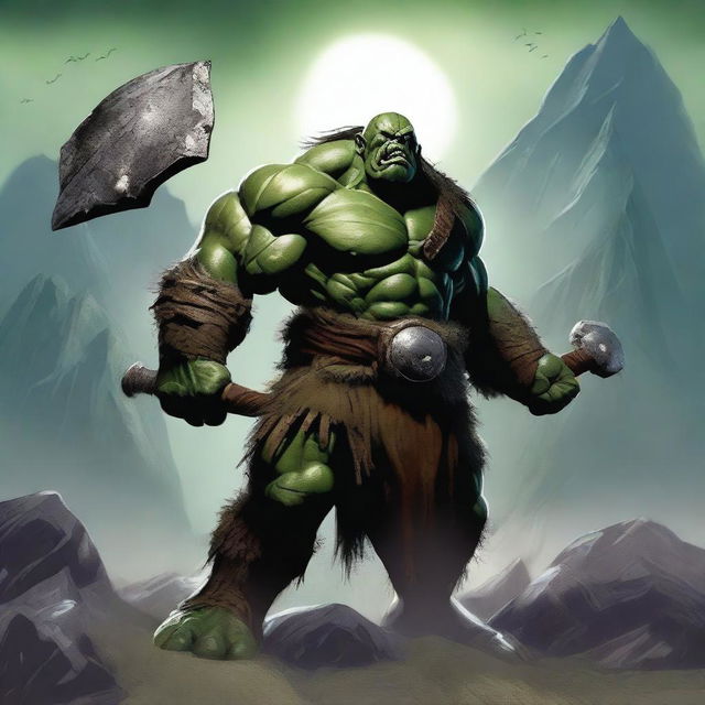 A fierce orc barbarian standing in a rugged, mountainous landscape