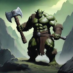 A fierce orc barbarian standing in a rugged, mountainous landscape