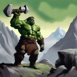 A handsome orc barbarian standing in a rugged, mountainous landscape