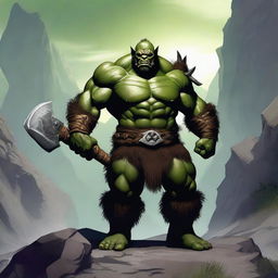 A handsome orc barbarian standing in a rugged, mountainous landscape