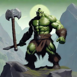 A handsome orc barbarian standing in a rugged, mountainous landscape