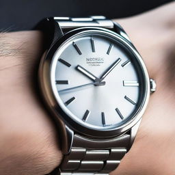 A close-up image of a stylish wrist watch with a sleek design, featuring a metallic band and a modern, minimalist face