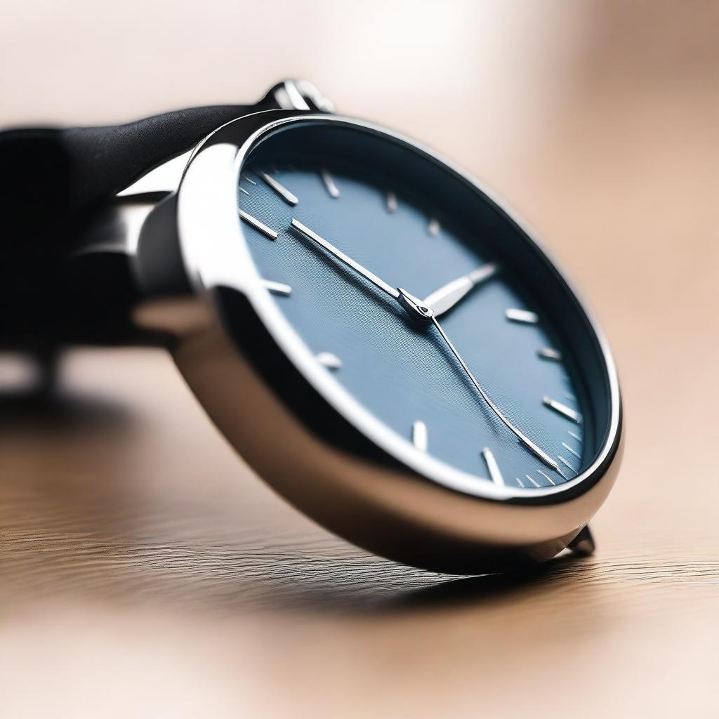 A close-up image of a stylish wrist watch with a sleek design, featuring a metallic band and a modern, minimalist face