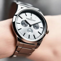 A close-up image of a stylish wrist watch with a sleek design, featuring a metallic band and a modern, minimalist face