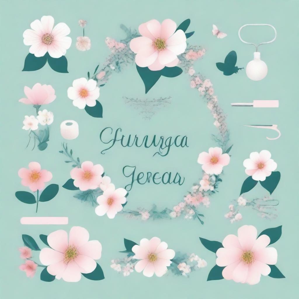 Create an image for printing that says 'Cirurgia Geral e Traumas' with floral and medical themes, incorporating feminine and delicate touches