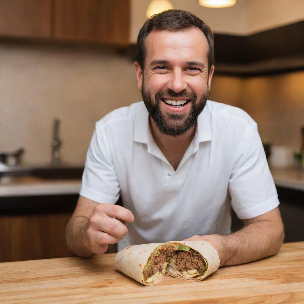 A delighted man indulging in a flavorful shawarma wrap.