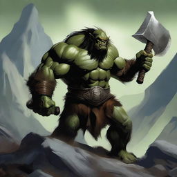 A fierce orc barbarian standing in a rugged, mountainous landscape