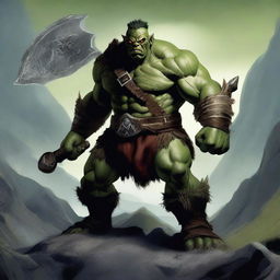 A fierce orc barbarian standing in a rugged, mountainous landscape