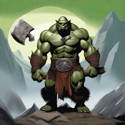 A fierce orc barbarian standing in a rugged, mountainous landscape