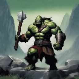 A fierce orc barbarian standing in a rugged, mountainous landscape